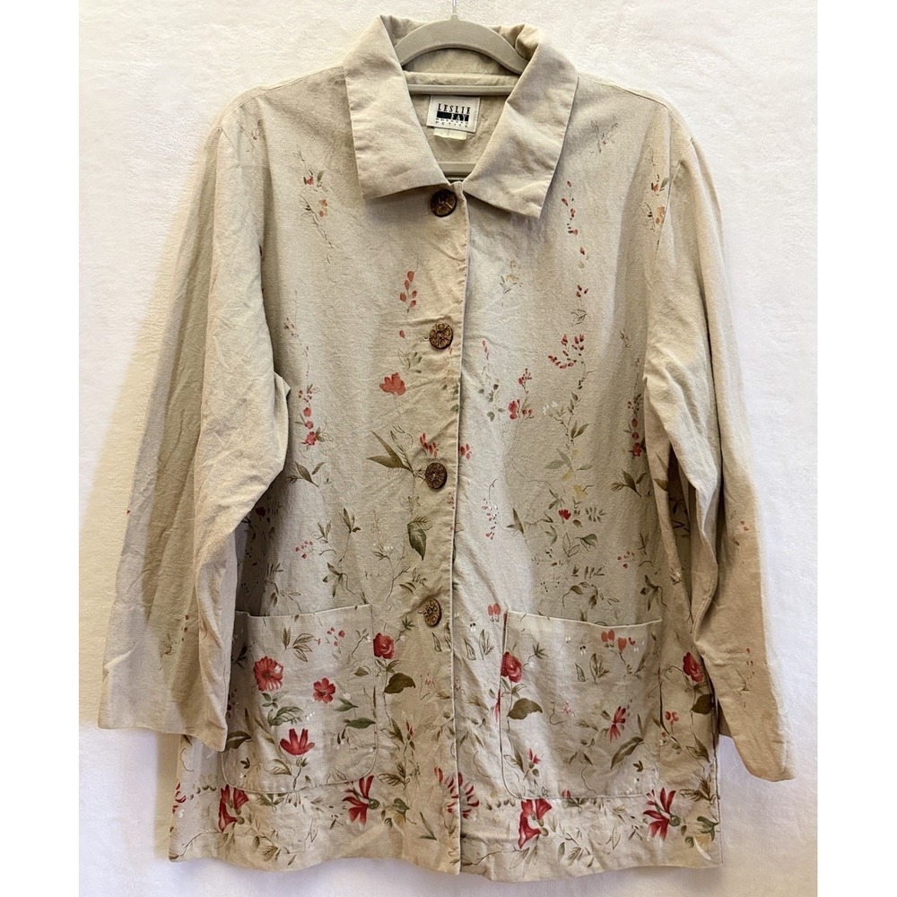 Vintage Leslie Fay Linen Blend Chore‎ Coat Floral Tan Cottage Fairy L/XL